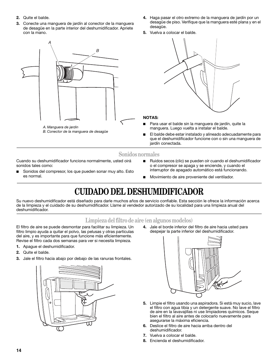 Cuidado del deshumidificador, Sonidos normales, Limpieza del filtro de aire (en algunos modelos) | Whirlpool AD40DSS0 User Manual | Page 14 / 16