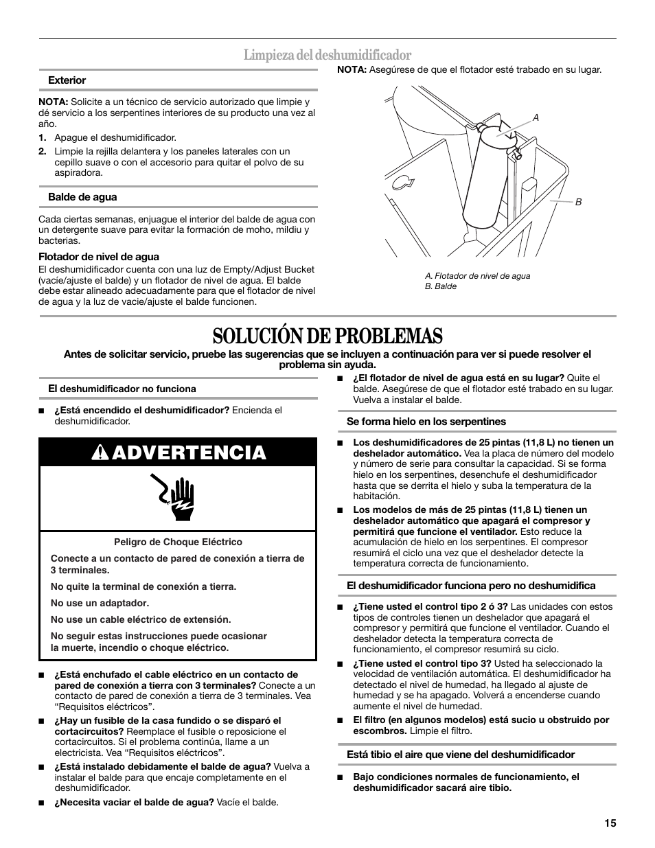 Solución de problemas, Advertencia, Limpieza del deshumidificador | Whirlpool AD40DSS0 User Manual | Page 15 / 16