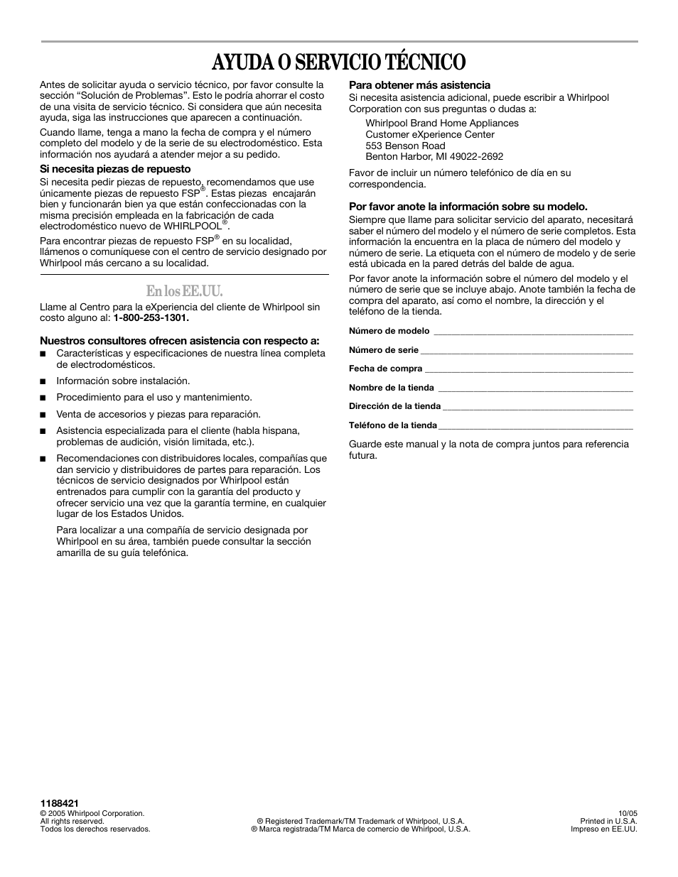 Ayuda o servicio técnico, En los ee.uu | Whirlpool AD40DSS0 User Manual | Page 16 / 16