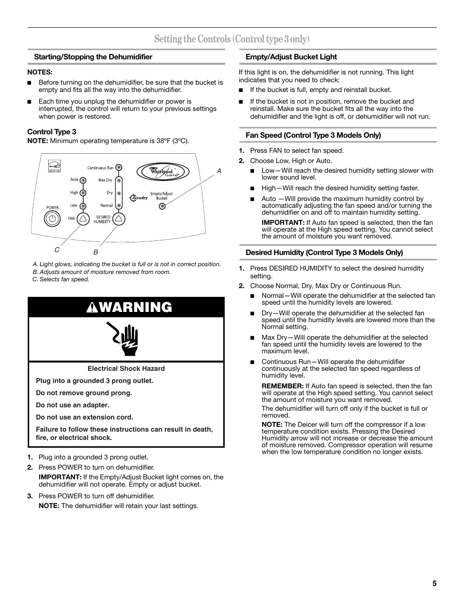 Warning, Setting the controls (control type 3 only) | Whirlpool AD40DSS0 User Manual | Page 5 / 16