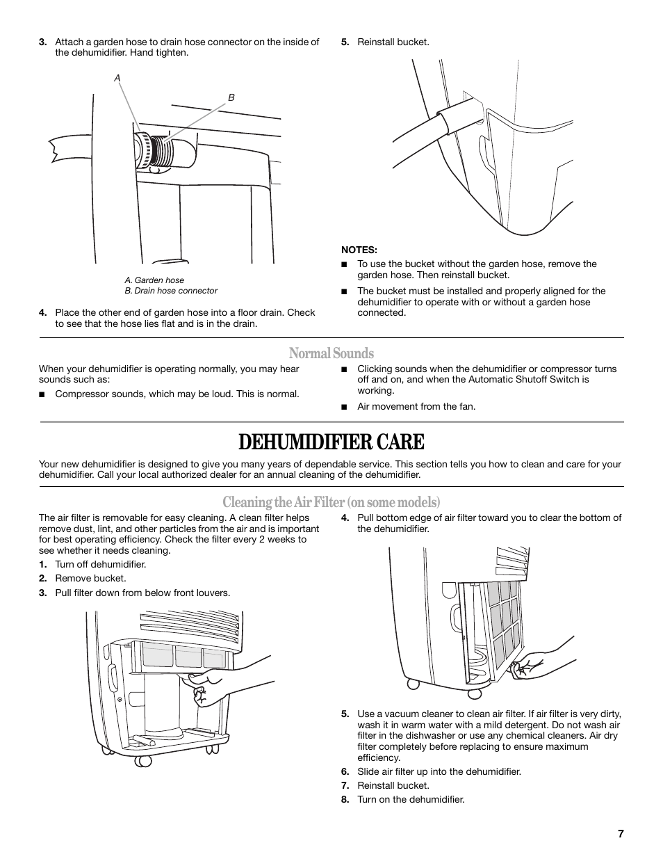 Dehumidifier care, Normal sounds, Cleaning the air filter (on some models) | Whirlpool AD40DSS0 User Manual | Page 7 / 16