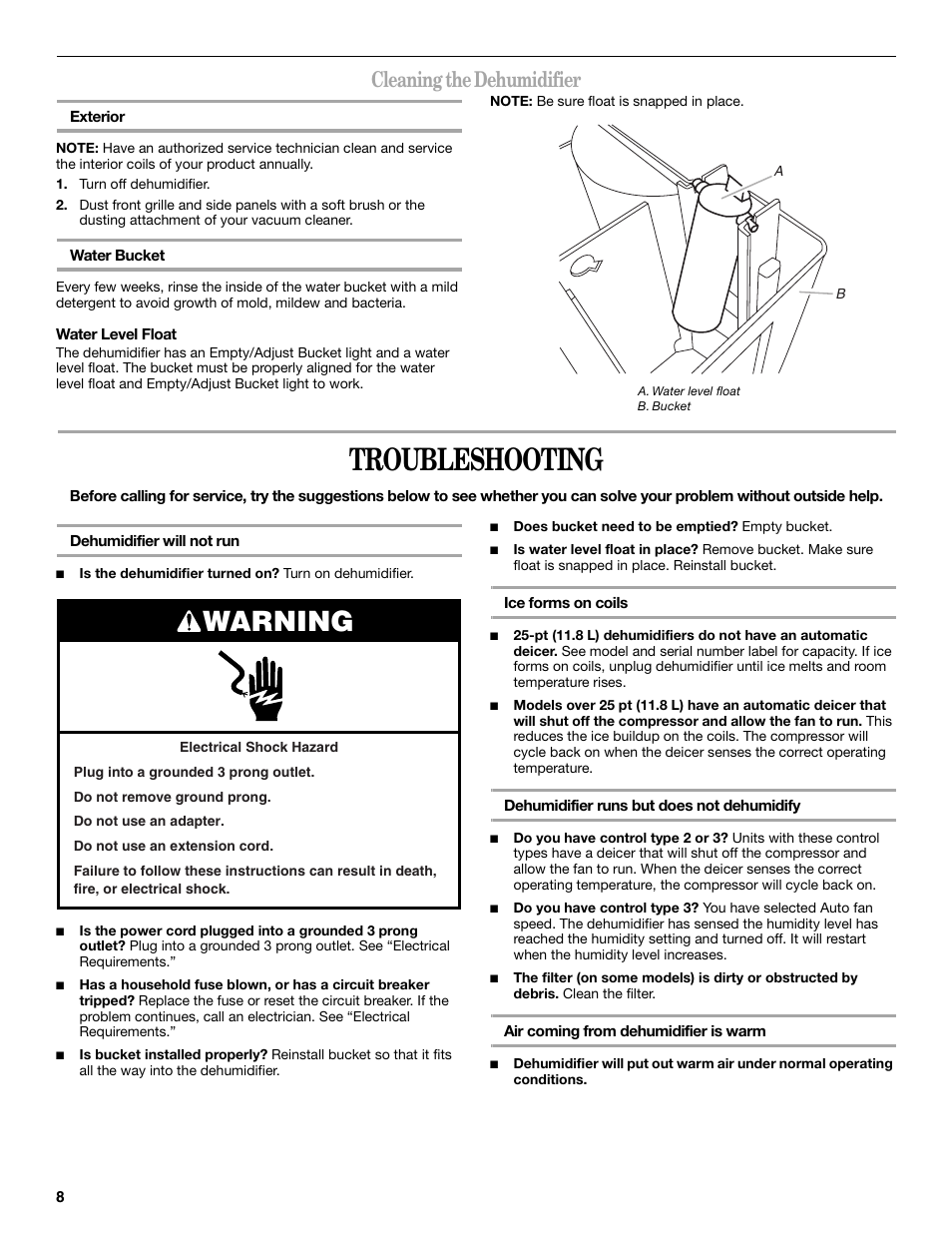 Troubleshooting, Warning, Cleaning the dehumidifier | Whirlpool AD40DSS0 User Manual | Page 8 / 16