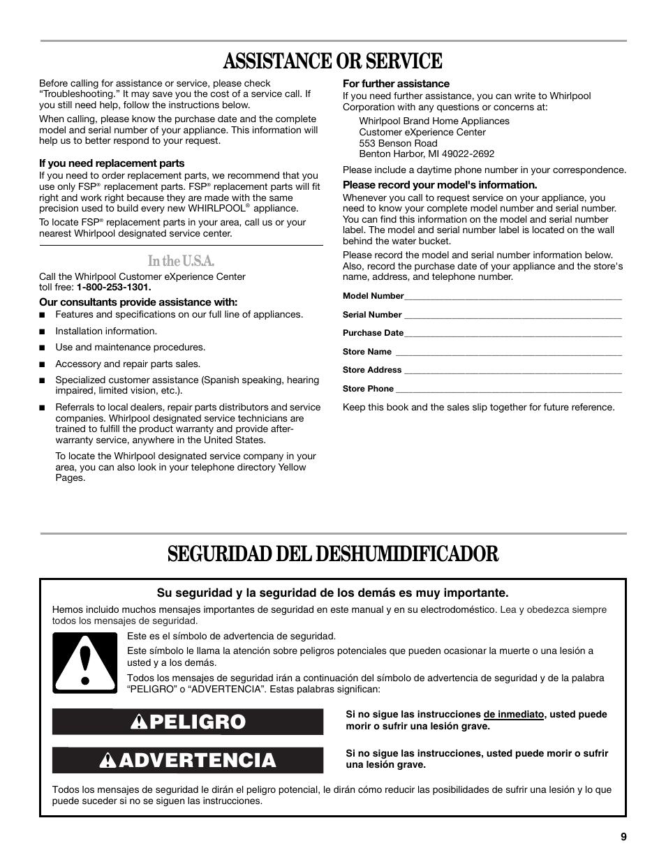 Assistance or service, Seguridad del deshumidificador, Advertencia peligro | Whirlpool AD40DSS0 User Manual | Page 9 / 16