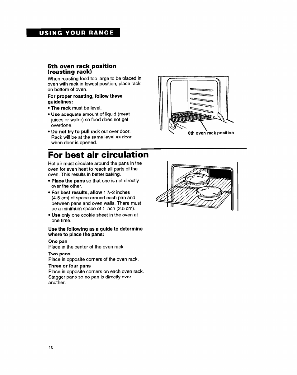 6th oven rack position (roasting rack), For best air circulation | Whirlpool FGP335B User Manual | Page 10 / 26