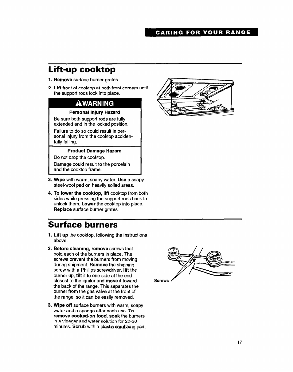 Lift-up cooktop, Surface burners | Whirlpool FGP335B User Manual | Page 17 / 26