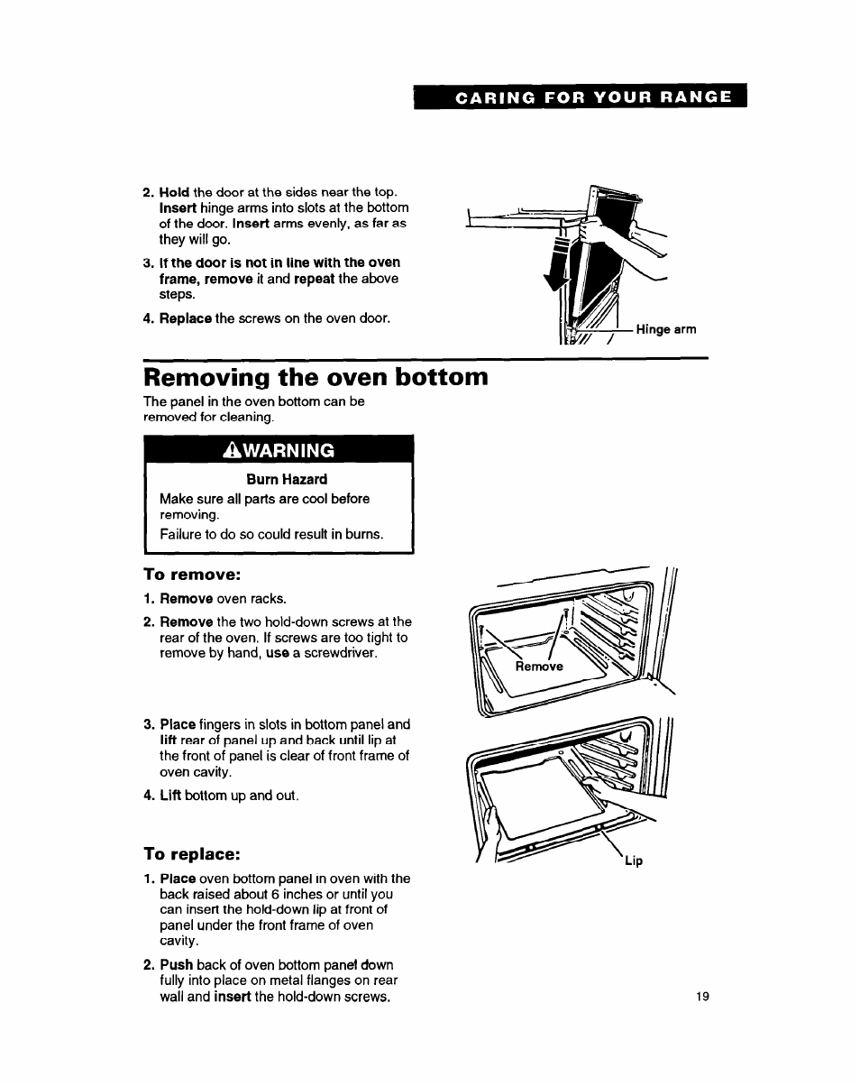 Removing the oven bottom, Burn hazard, To remove | To replace | Whirlpool FGP335B User Manual | Page 19 / 26