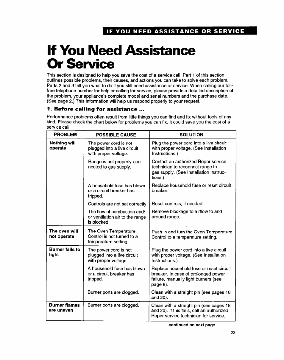 If you need assistance or service, Before calling for assistance | Whirlpool FGP335B User Manual | Page 23 / 26