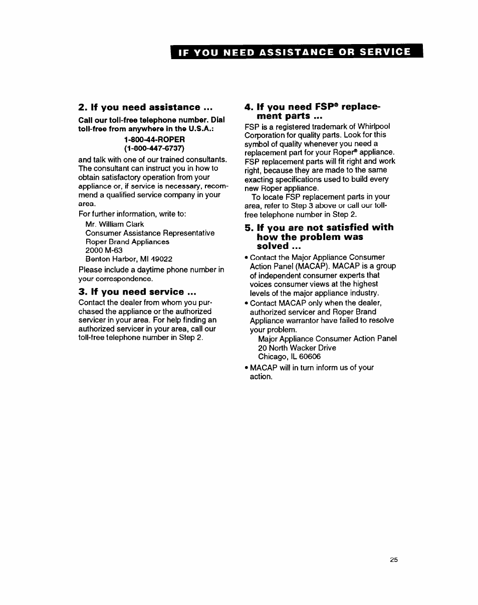 If you need assistance, If you need service, If you need fsp® replacement parts | Whirlpool FGP335B User Manual | Page 25 / 26