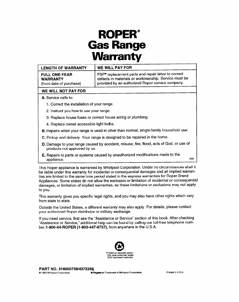 Roper' gas range warranty, Length of warranty, We will pay for | Full one-year warranty, We will not pay for, Part no. 316000739/4372266 | Whirlpool FGP335B User Manual | Page 26 / 26