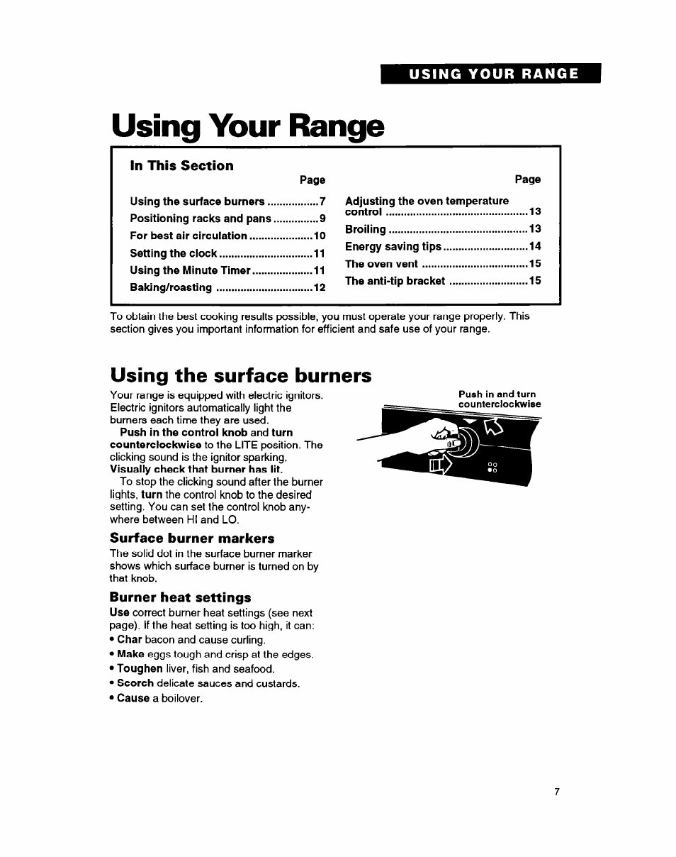 Using your range, In this section, Using the surface burners | Surface burner markers, Burner heat settings | Whirlpool FGP335B User Manual | Page 7 / 26