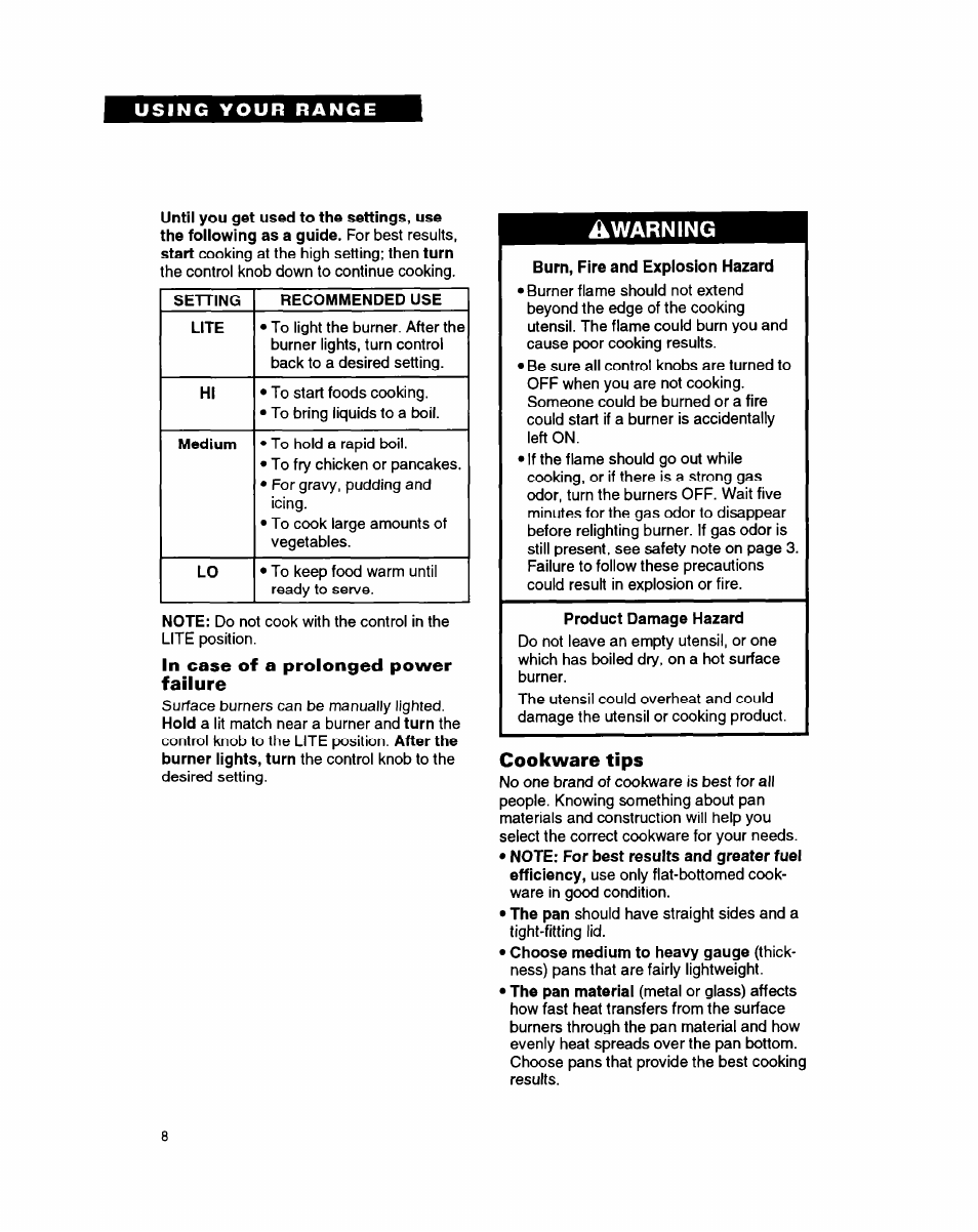 Burn, fire and explosion hazard, Product damage hazard, Cookware tips | Warning | Whirlpool FGP335B User Manual | Page 8 / 26