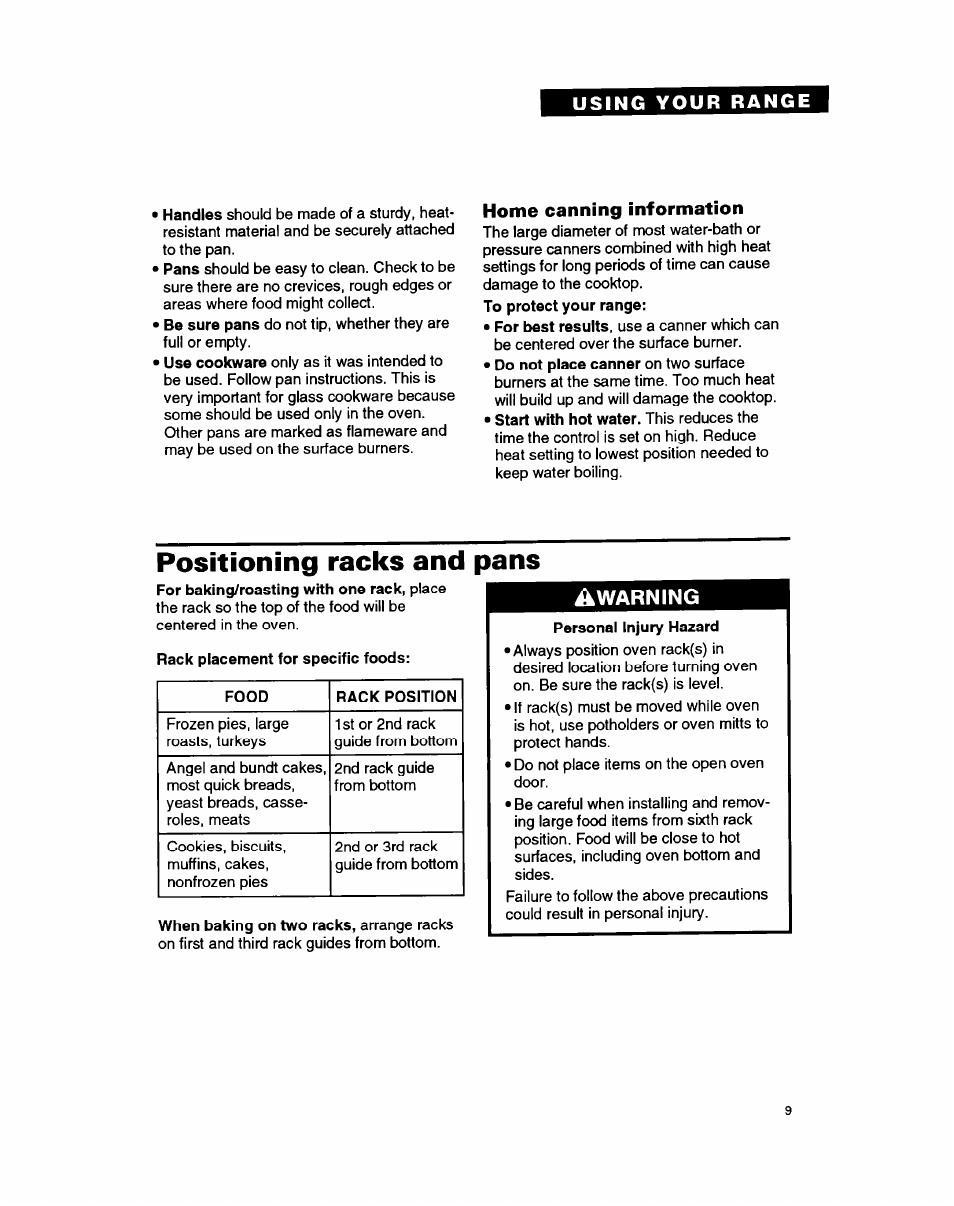 Home canning information, Positioning racks and pans, Rack placement for specific foods | Whirlpool FGP335B User Manual | Page 9 / 26