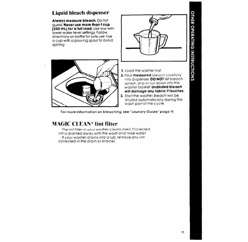 Liquid bleach dispenser, Magic clean® lint filter | Whirlpool LA5700XP User Manual | Page 11 / 16