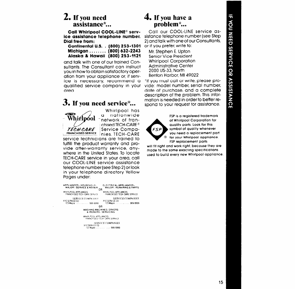 If you need assistanee, If you need service, If you have a problem | Rec//-ca/tie | Whirlpool LA5700XP User Manual | Page 15 / 16