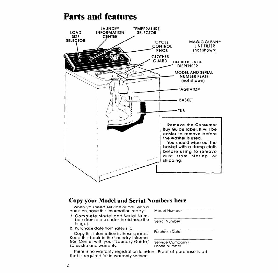 Parte and features, Copy your model and serial mumbers here | Whirlpool LA5700XP User Manual | Page 2 / 16
