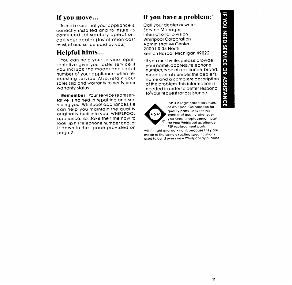 If you move, Helpful hints, If you have a problem | Whirlpool 3LG5706XP User Manual | Page 11 / 12