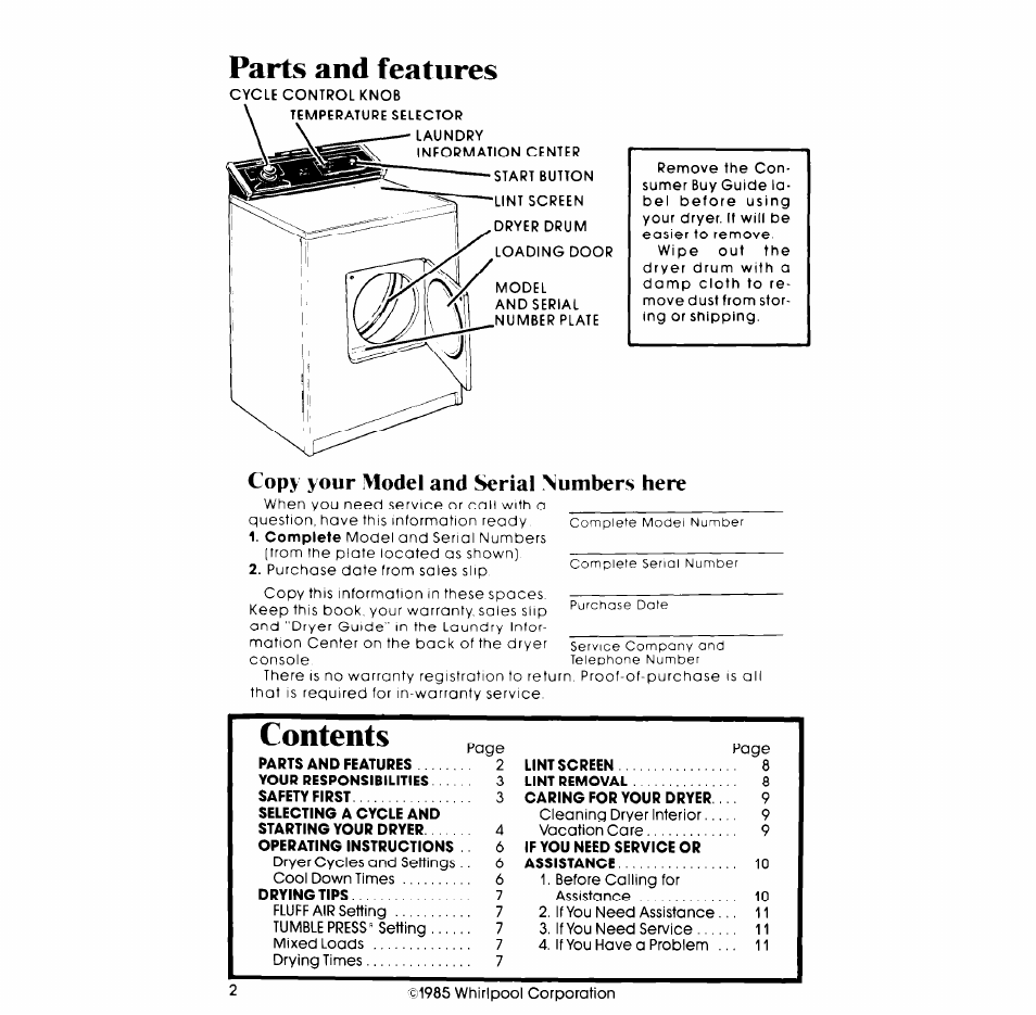 Copy your model and serial numbers here, Parts and features | Whirlpool 3LG5706XP User Manual | Page 2 / 12