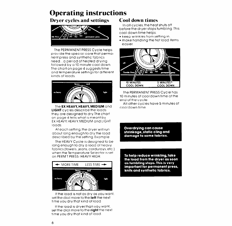 Cool down times, Operating instructions, Dryer cycles and settings | Whirlpool 3LG5706XP User Manual | Page 6 / 12