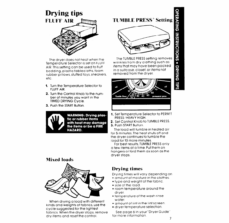 Drying tips, Fluff air, Tumble press ' setting | Drying times, Mixed loads tumble press ' setting | Whirlpool 3LG5706XP User Manual | Page 7 / 12