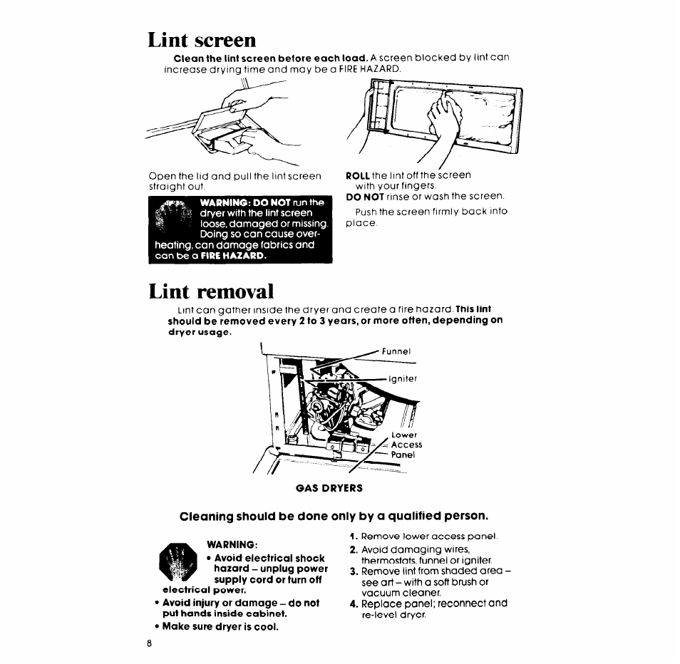 Lint screen, Lint removal | Whirlpool 3LG5706XP User Manual | Page 8 / 12