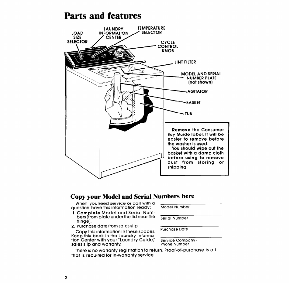 Parts and features, Copy your model and serial numbers here | Whirlpool LA538OXP User Manual | Page 2 / 16