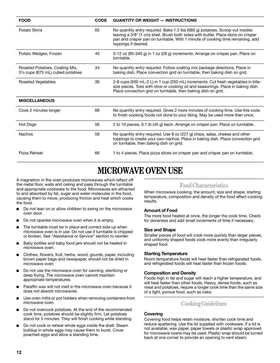 Microwave oven use, Food characteristics, Cooking guidelines | Whirlpool YGSC308 User Manual | Page 12 / 24