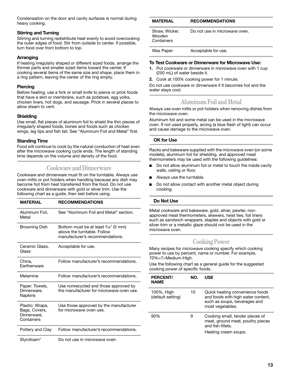 Cookware and dinnerware, Aluminum foil and metal, Cooking power | Whirlpool YGSC308 User Manual | Page 13 / 24