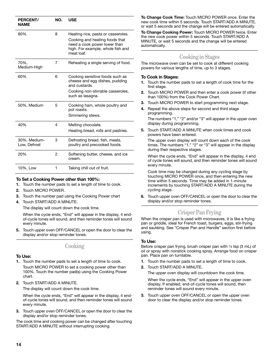 Cooking, Cooking in stages, Crisper pan frying | Whirlpool YGSC308 User Manual | Page 14 / 24