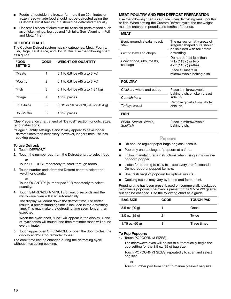 Popcorn | Whirlpool YGSC308 User Manual | Page 16 / 24