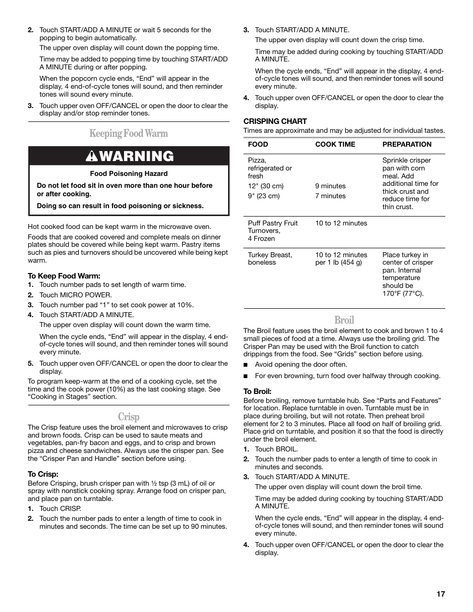 Warning, Keeping food warm, Crisp | Broil | Whirlpool YGSC308 User Manual | Page 17 / 24