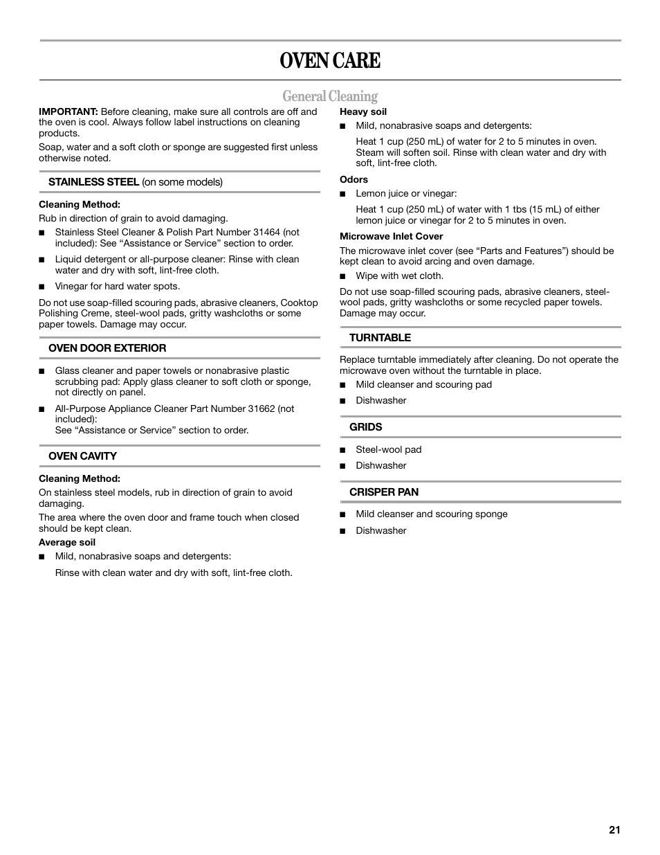 Oven care, General cleaning | Whirlpool YGSC308 User Manual | Page 21 / 24