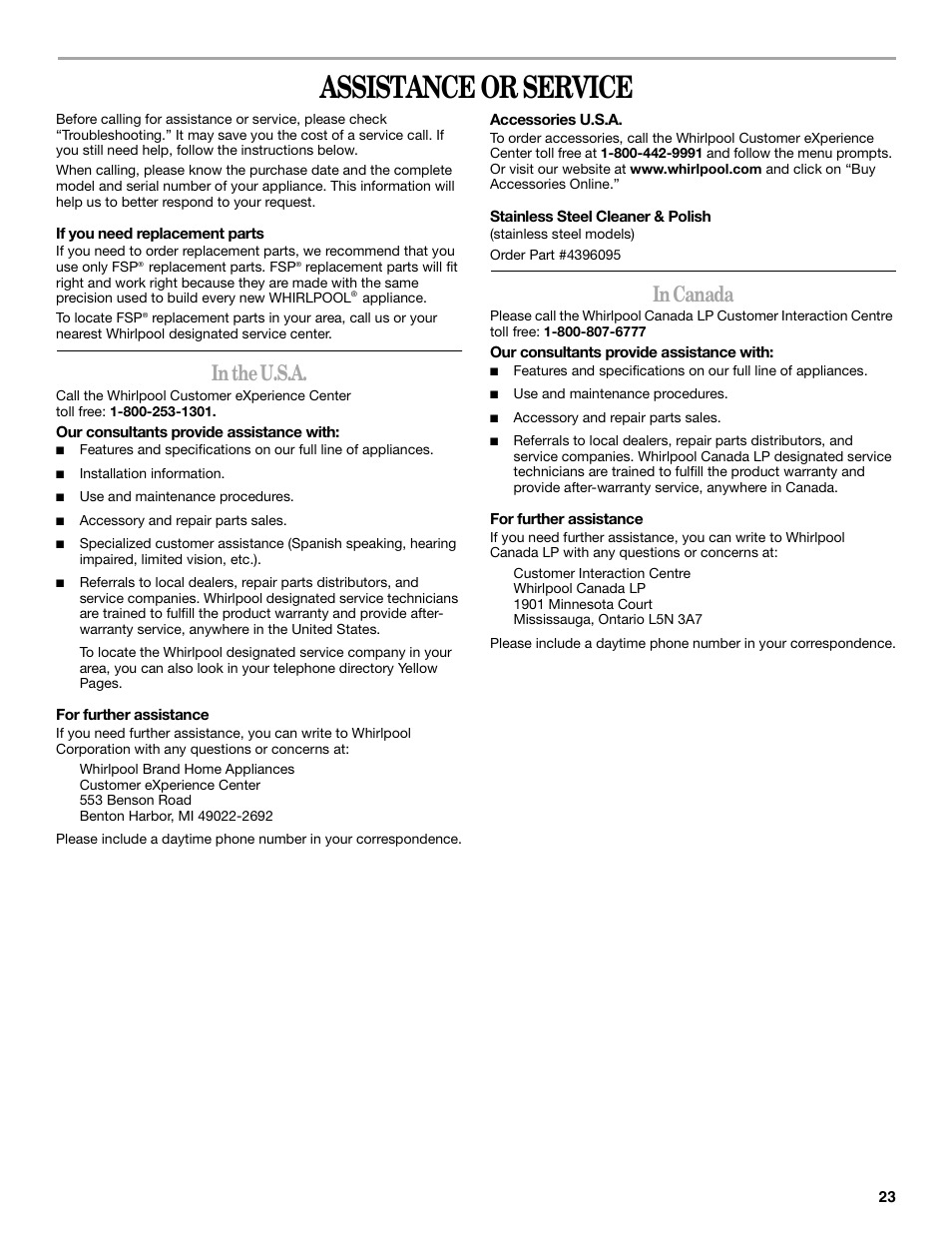 Assistance or service | Whirlpool YGSC308 User Manual | Page 23 / 24