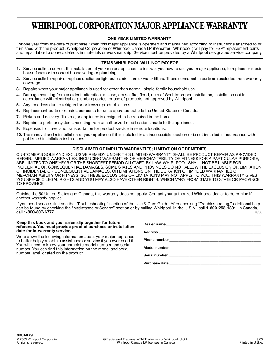 Whirlpool corporation major appliance warranty | Whirlpool YGSC308 User Manual | Page 24 / 24