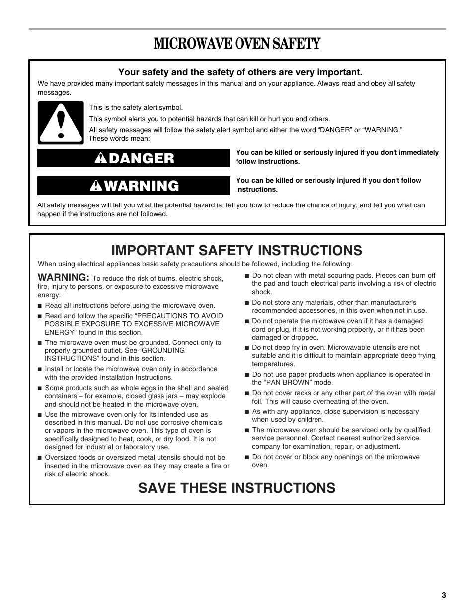 Microwave oven safety, Warning | Whirlpool YGSC308 User Manual | Page 3 / 24