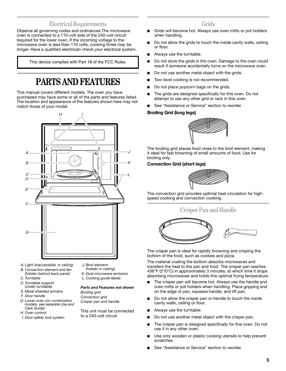 Parts and features, Electrical requirements, Grids | Crisper pan and handle | Whirlpool YGSC308 User Manual | Page 5 / 24