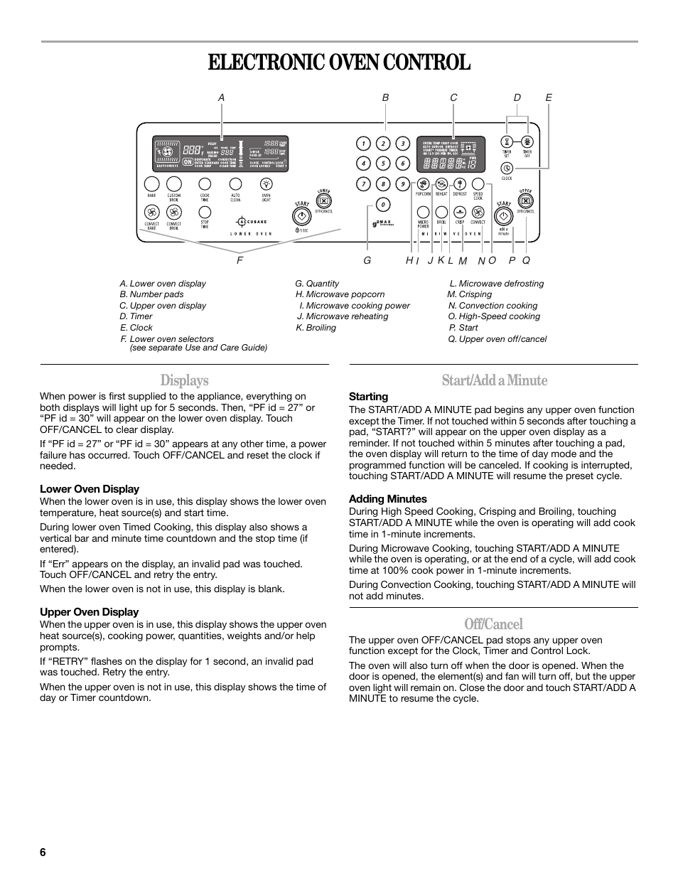 Electronic oven control, Displays, Start/add a minute | Off/cancel | Whirlpool YGSC308 User Manual | Page 6 / 24