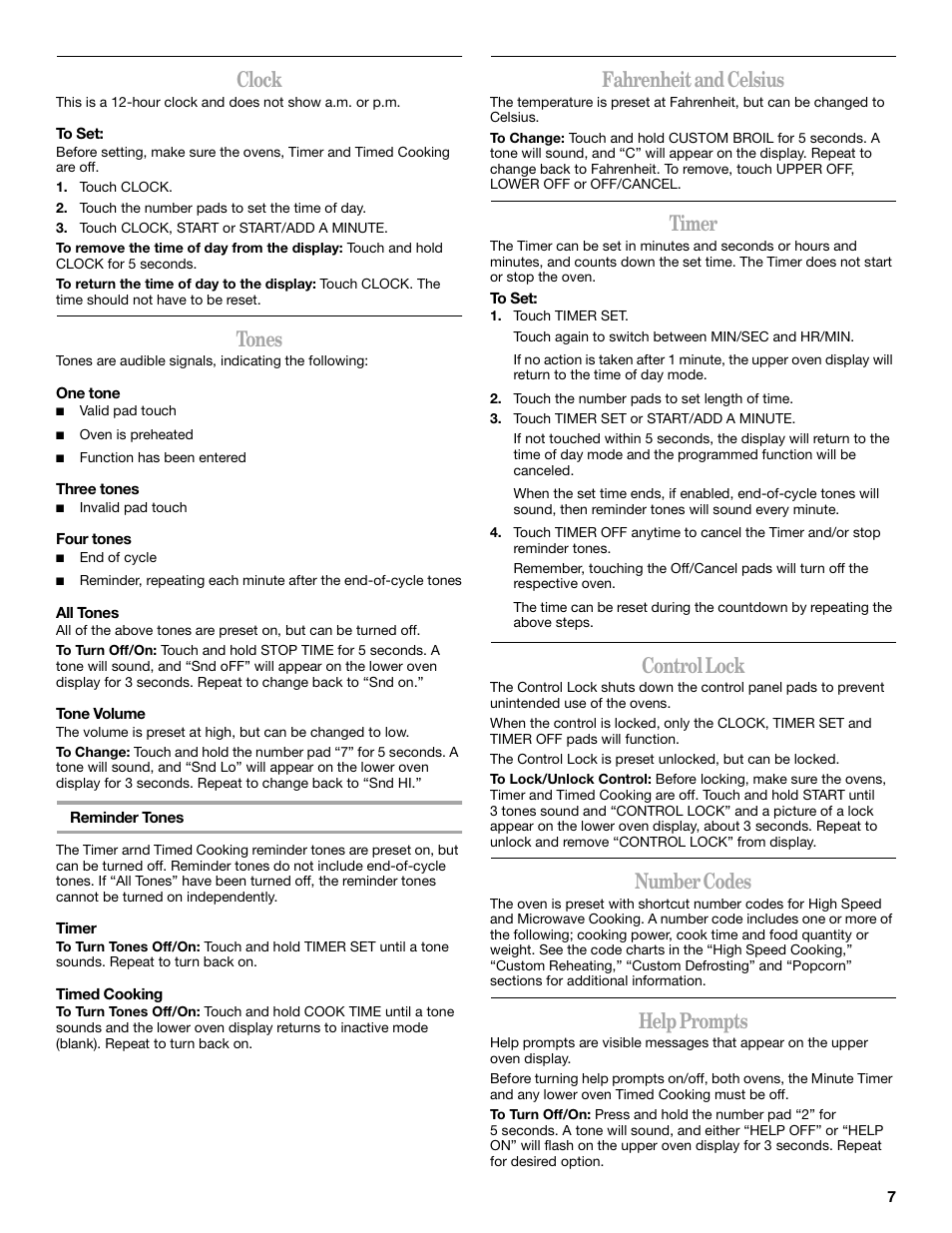 Clock, Tones, Fahrenheit and celsius | Timer, Control lock, Number codes, Help prompts | Whirlpool YGSC308 User Manual | Page 7 / 24