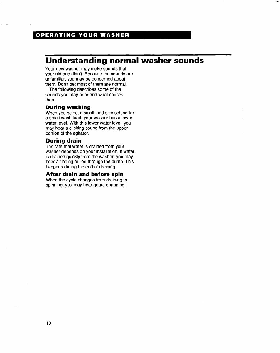 Understanding normal washer sounds, During washing, During drain | After drain and before spin | Whirlpool 3363562 User Manual | Page 10 / 23