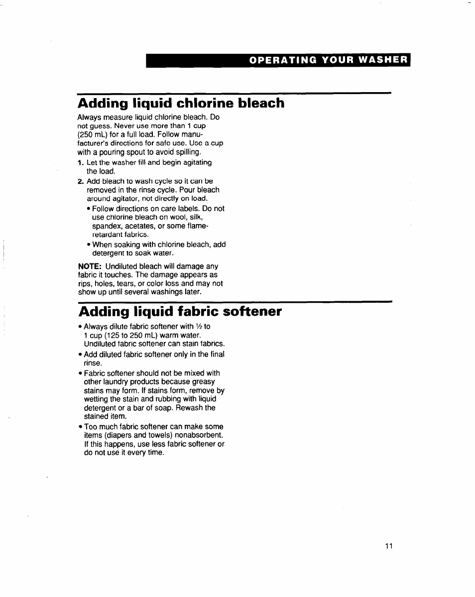 Adding liquid chlorine bleach, Adding liquid fabric softener | Whirlpool 3363562 User Manual | Page 11 / 23