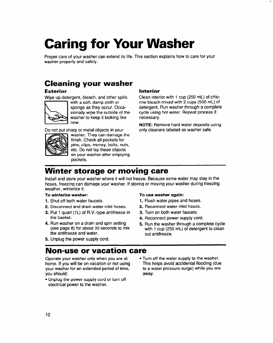 Caring for your washer, Cleaning your washer, Exterior | Interior, Winter storage or moving care, To winterize washer, Non-use or vacation care | Whirlpool 3363562 User Manual | Page 12 / 23
