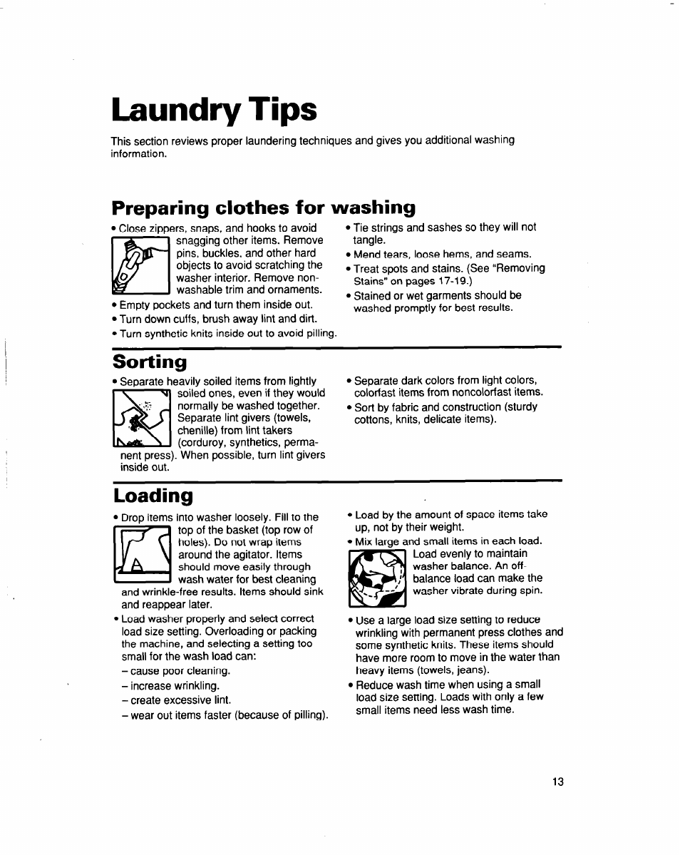 Laundry tips, Preparing clothes for washing, Sorting | Loading | Whirlpool 3363562 User Manual | Page 13 / 23