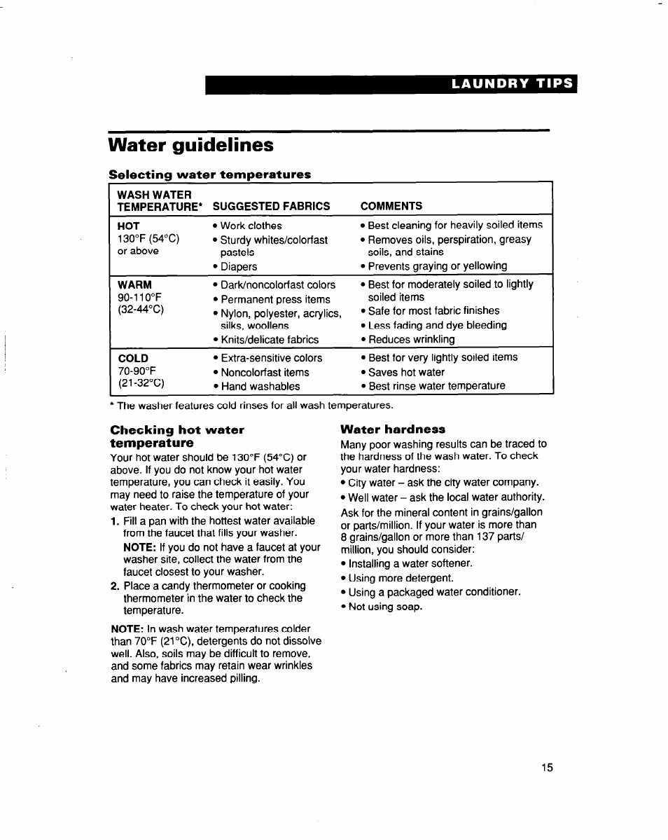 Water guidelines, Selecting water temperatures, Checking hot water temperature | Water hardness | Whirlpool 3363562 User Manual | Page 15 / 23