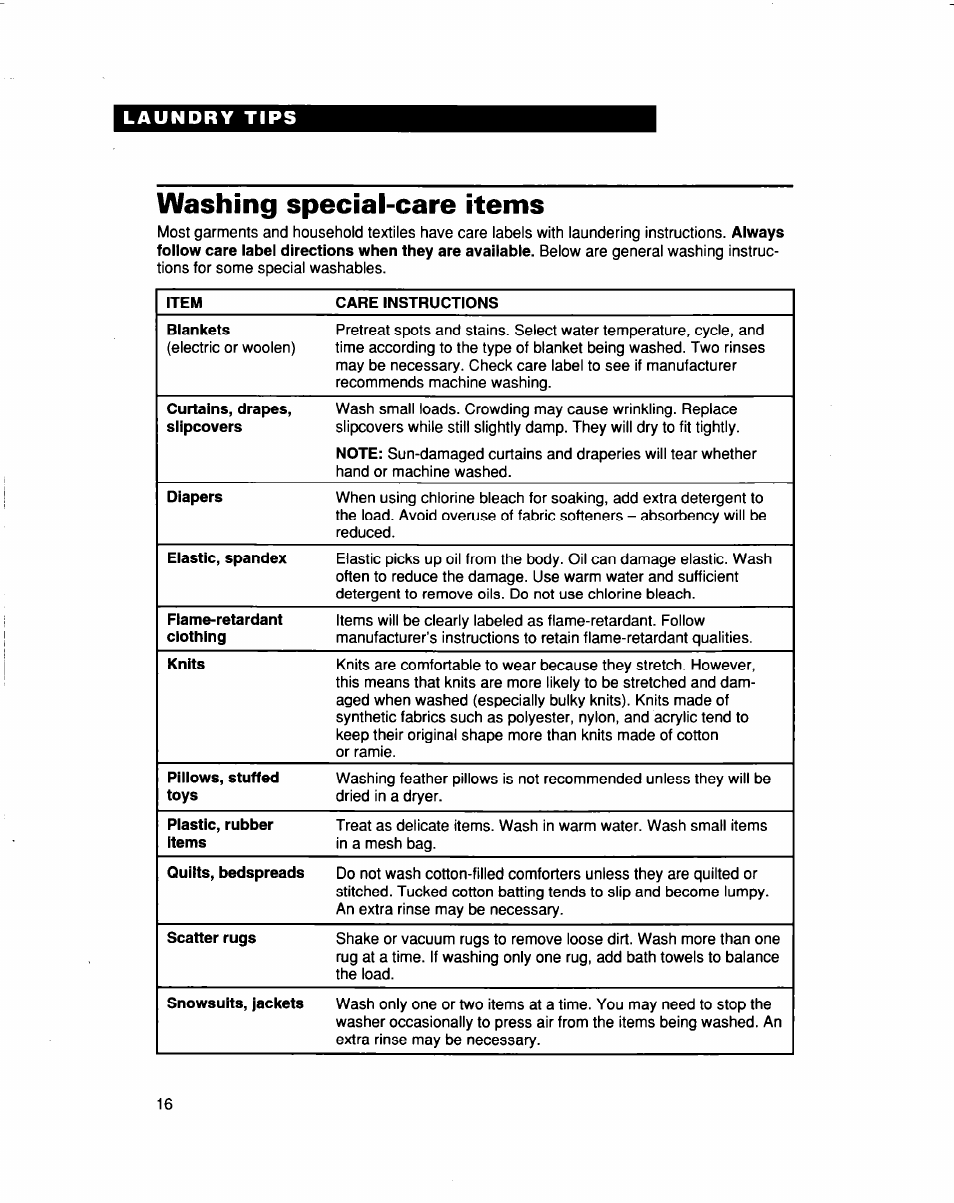 Washing special-care items | Whirlpool 3363562 User Manual | Page 16 / 23