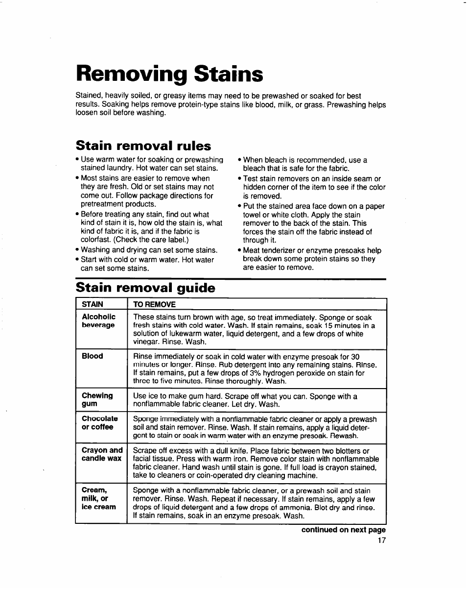 Removing stains, Stain removal rules, Stain removal guide | Whirlpool 3363562 User Manual | Page 17 / 23