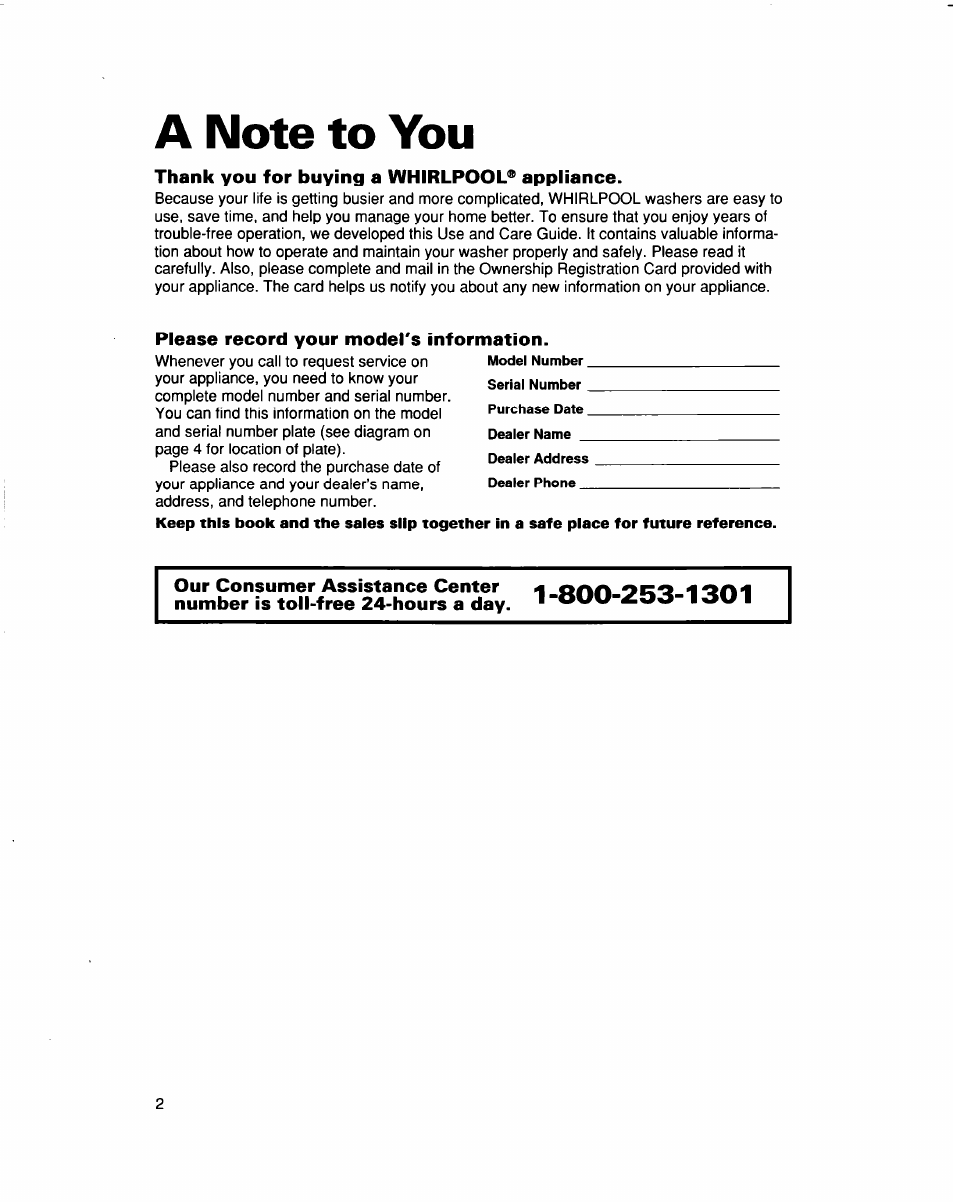 A note to you, Thank you for buying a whirlpool® appliance, Please record your model's information | Whirlpool 3363562 User Manual | Page 2 / 23