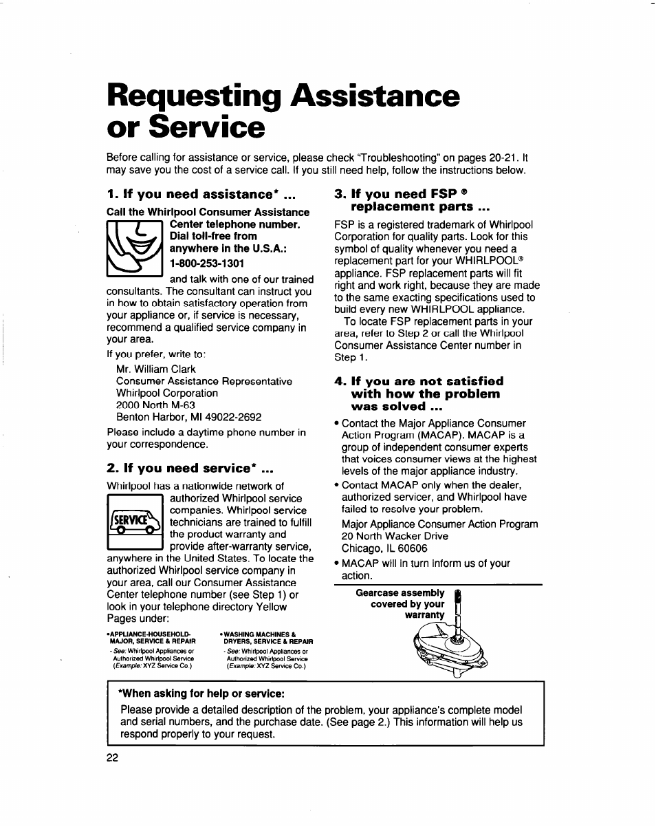 Requesting assistance or service, If you need assistance, If you need service | If you need fsp ® replacement parts, When asking for help or service | Whirlpool 3363562 User Manual | Page 22 / 23