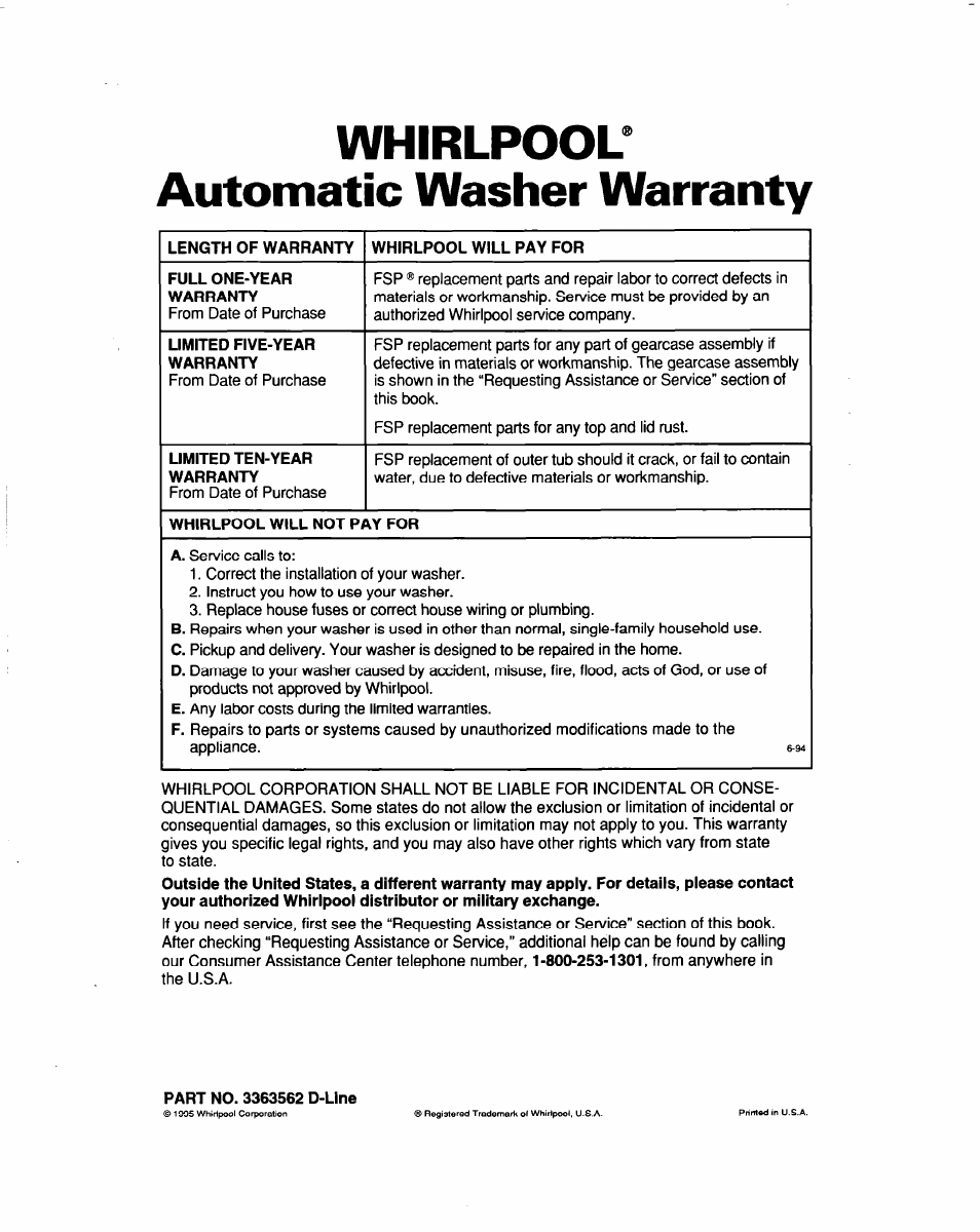Whirlpool, Automatic washer warranty, Part no. 3363562 d-line | Whirlpool^ automatic washer warranty | Whirlpool 3363562 User Manual | Page 23 / 23