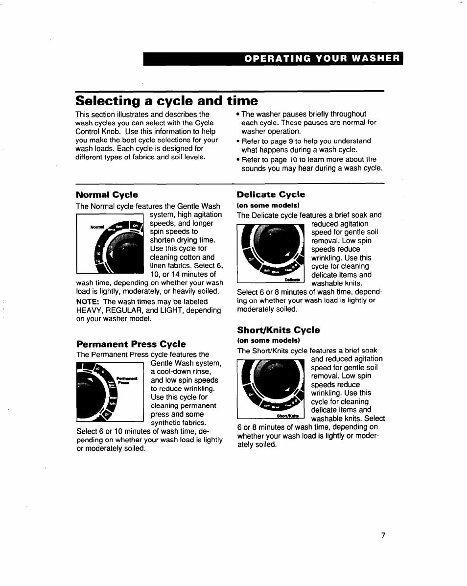 Selecting a cycle and time, Normal cycle, Permanent press cycle | Delicate cycle, Short/knits cycle | Whirlpool 3363562 User Manual | Page 7 / 23
