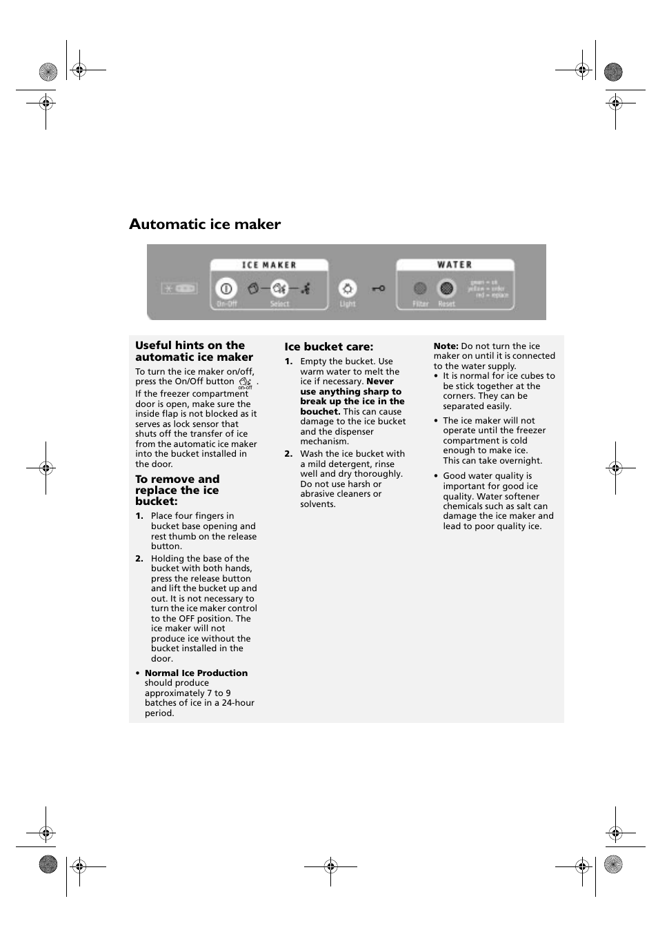 Automatic ice maker, Useful hints on the automatic ice maker, Ice bucket care | Whirlpool KSDN 5061/A User Manual | Page 17 / 23