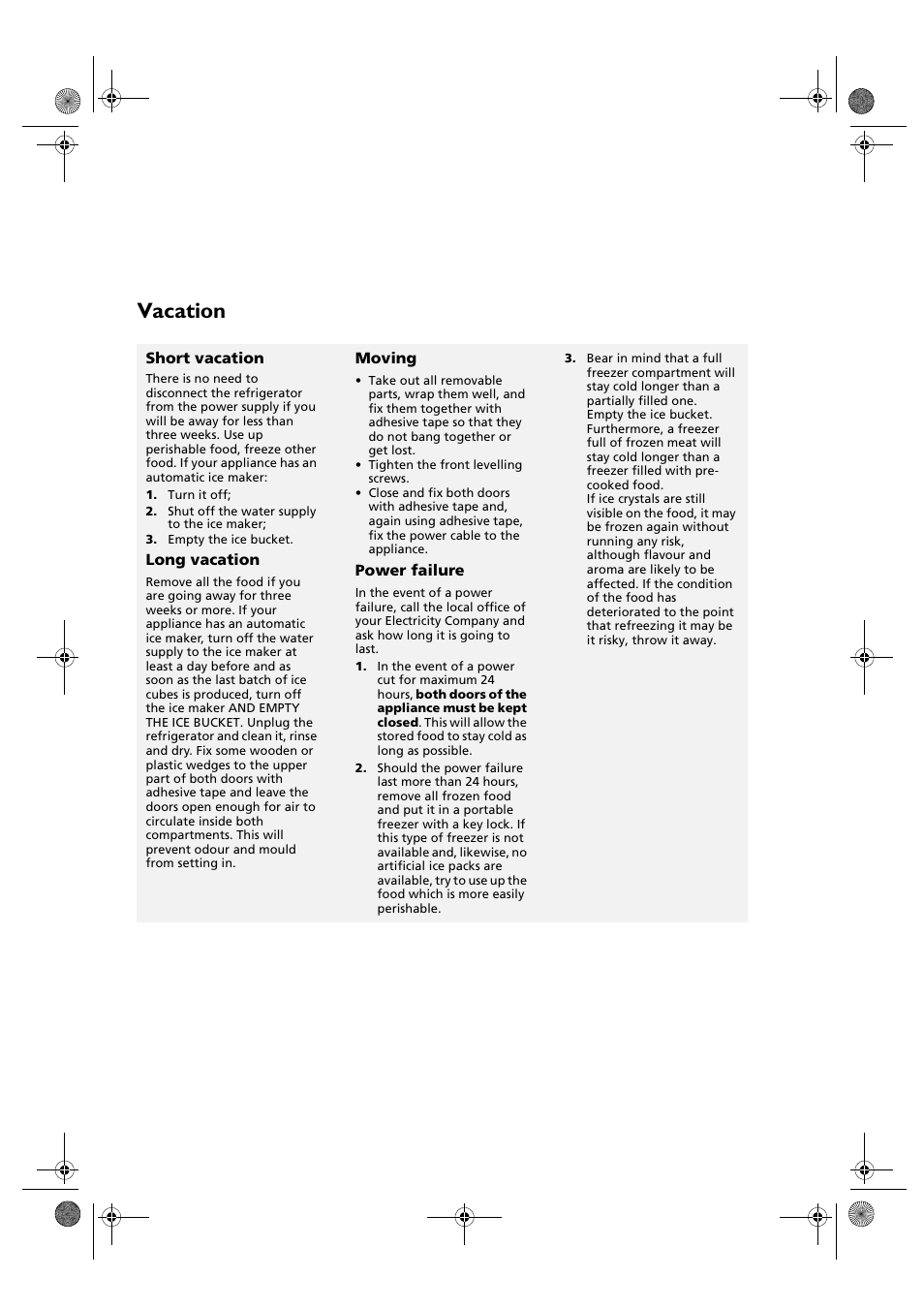 Vacation, Short vacation, Long vacation | Moving, Power failure | Whirlpool KSDN 5061/A User Manual | Page 20 / 23